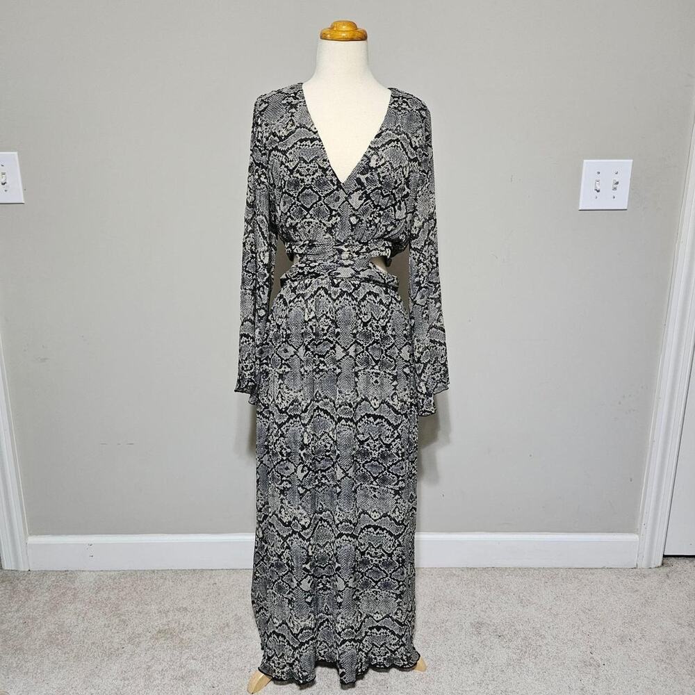 Zara Snakeskin Metallic Maxi Wrap Dress Long Sleeve Cutout Waist NWT L